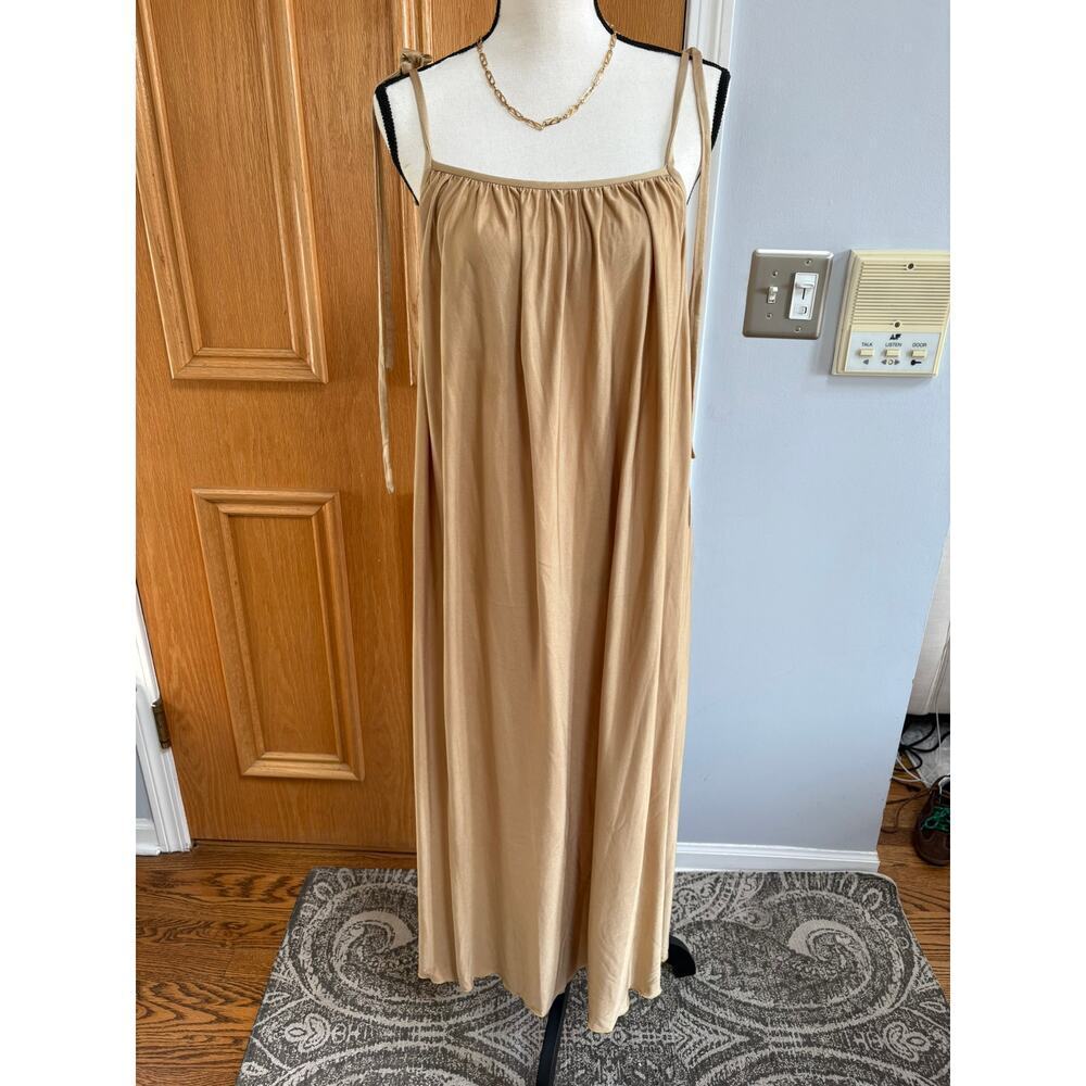 Women’s 100% Silk Maxi Dress Large Tan Gold Sheer Flowy Spaghetti Strap Women’s - Picture 6 of 8